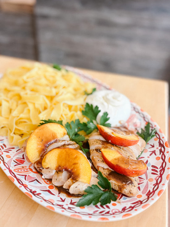 *Fresh* Grilled Chicken with Peaches, Burrata & Pappardelle